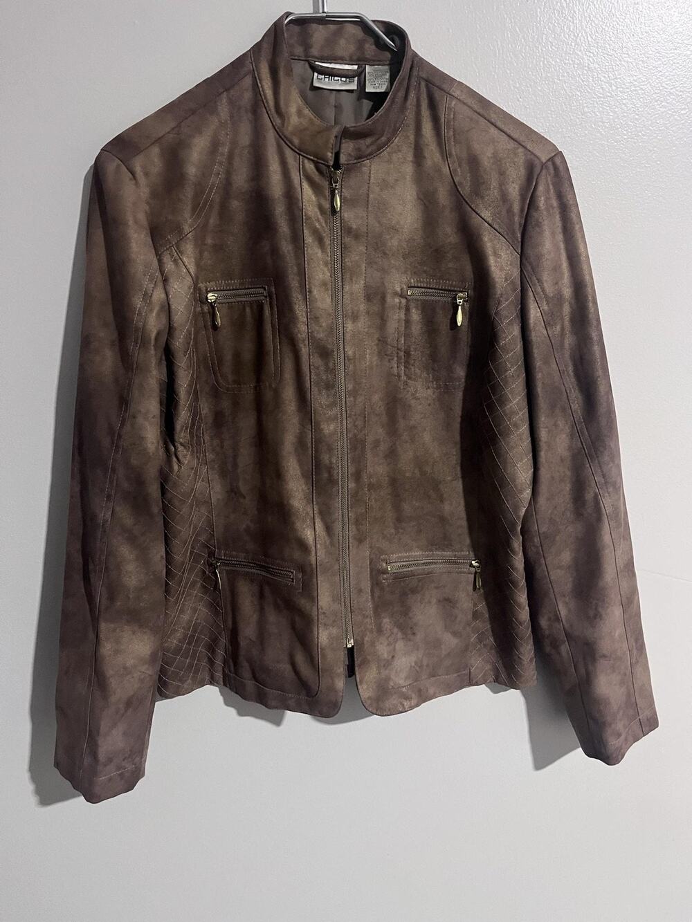Chico's Jacket Womens 1 Brown Quilted Microfiber Lined Zip Pockets Collared